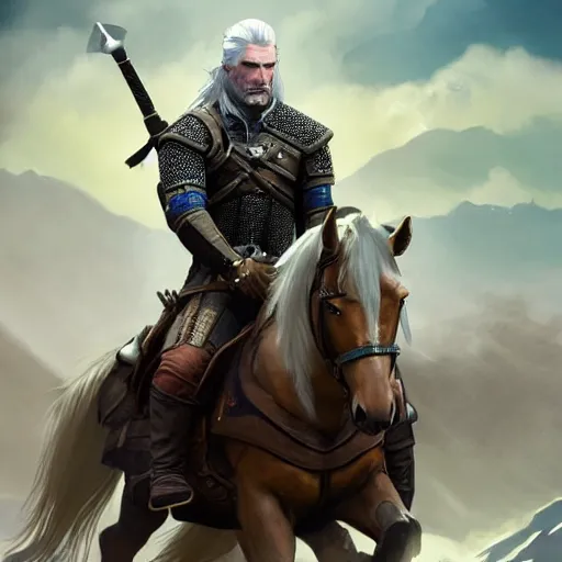 Image similar to geralt the witcher 3 riding a horse with obama, d & d, fantasy, intricate, elegant, highly detailed, digital painting, artstation, concept art, matte, sharp focus, illustration, hearthstone, art by artgerm, art by greg rutkowski, art by alphonse mucha