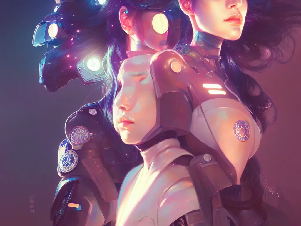 Prompt: portrait futuristic police girl, at future neon light tokyo rooftop night, ssci - fi and fantasy, intricate and very very beautiful and elegant, highly detailed, digital painting, artstation, concept art, smooth and sharp focus, illustration, art by tan zi and ayanamikodon and alphonse mucha and wlop