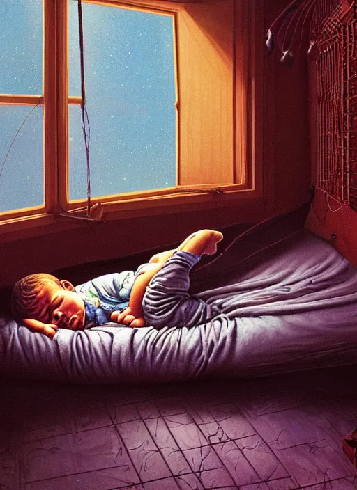 Prompt: realistic detailed image of boy sleeping in a bed in an old soviet apartment. Boy looking at the window, behind the window there is a serious native american person archer at blue night by Ayami Kojima, Amano, Karol Bak, Greg Hildebrandt, and Mark Brooks, Neo-Gothic, gothic, rich deep colors. Beksinski painting, part by Adrian Ghenie and Gerhard Richter. art by Takato Yamamoto. masterpiece