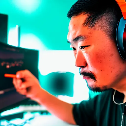 Image similar to Photo of Genghis Khan as a Twitch streamer, wearing a headset, close-up, high detail, studio, neon background, 85mm Sigma Art Lens