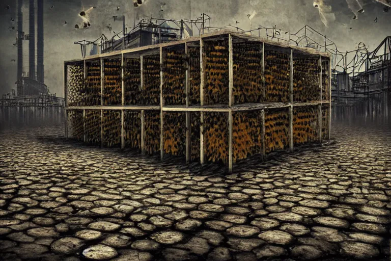 Image similar to simplicity, gothic river favela honeybee hive, urban environment, industrial factory, apocalyptic, somber, award winning art, epic dreamlike fantasy landscape, ultra realistic,