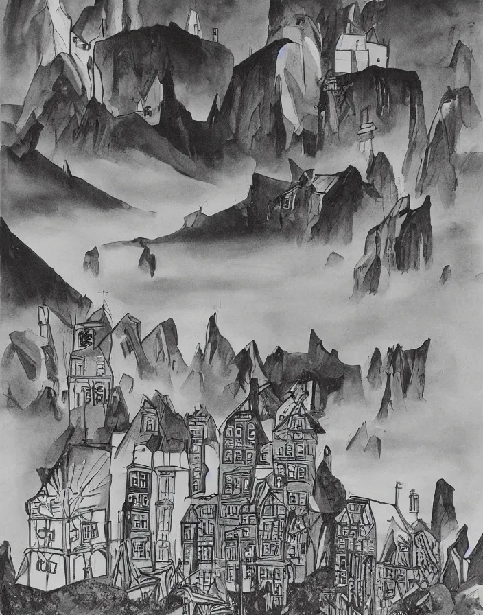 Prompt: a building in a stunning landscape by Charles Addams