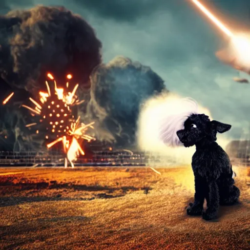 Prompt: photograph of a futuristic robotic black coton de tulear dog with black fur, wearing power armor, explosion in the background, cinematic