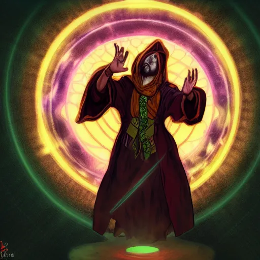 Image similar to a warlock is casting a magic spell while with magic orb floating in his hand , dynamic pose, chromatic aberration , medium level shot, Mucha style , Grim fantasy, illustration ,concept art, Mucha style,