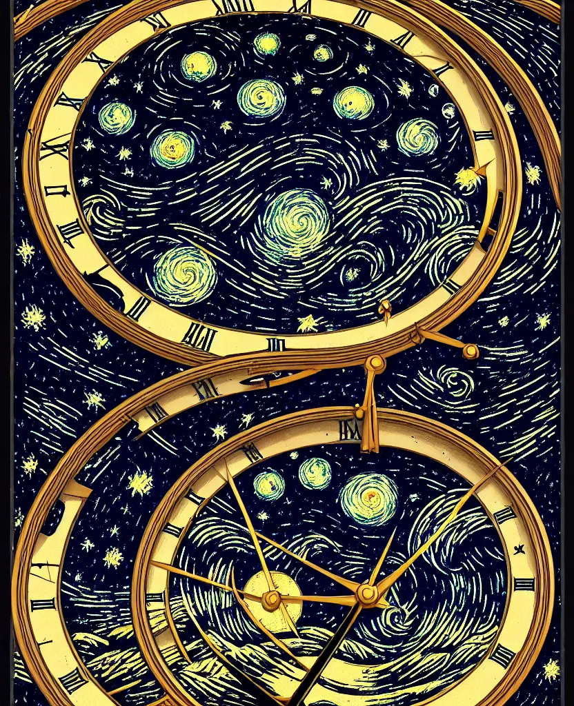 Prompt: majestic grandfather clock, round window looking out to the starry night sky, high details, intricately detailed, by vincent di fate, inking, 3 color screen print, masterpiece, trending on artstation,, sharp, details, hyper - detailed, hd, 4 k, 8 k