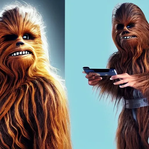 Prompt: chewbacca as a fashion model, instagram selfie, hidden product advertisement