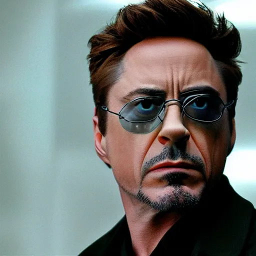Image similar to Robert Downey Jr in matrix, 8k ultra hd, hyper detailed