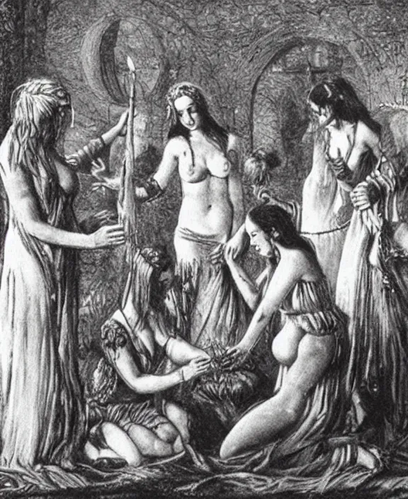 Image similar to a group of pagan female sorcerers performing a fertility ritual