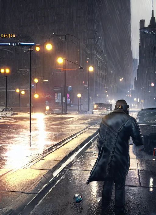 Prompt: watch dogs game, chicago city rainy detailed, soft lighting