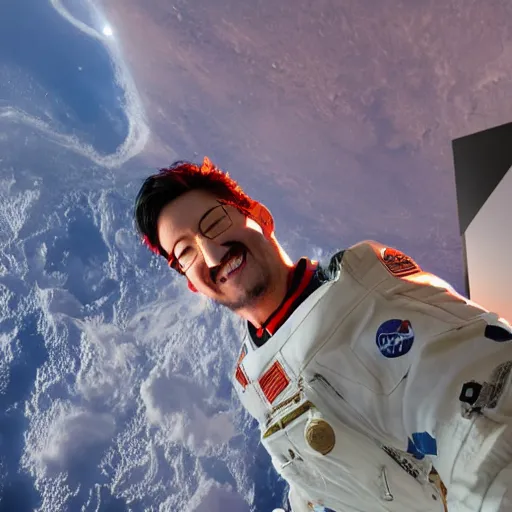 Image similar to Evil Markiplier looking out of the window of the International Space station with a smile on his face. Devilish markiplier pixashot instant camera space imagery with markiplier. Photograph from Nasa, complementary of the International Space Station.