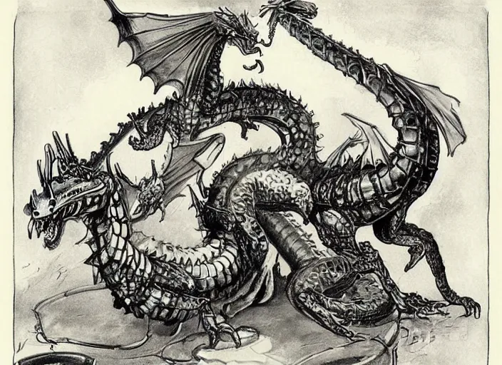 Image similar to illustration, real dragon with steam punk tanks and pipes on its side, white background, Charles Dana Gibson, Olivia Kemp