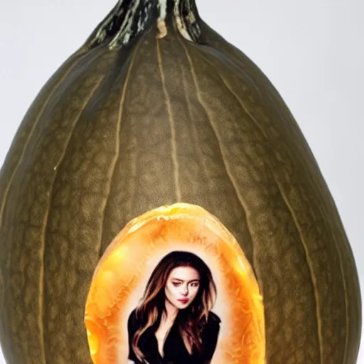 Image similar to a gourd shaped to look like the face of amber heard intercross hybrid mix