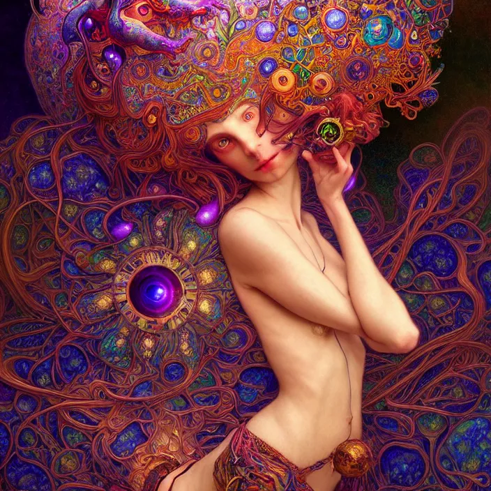 Image similar to extremely psychedelic quantum macro, DoF, LSD, diffuse lighting, fantasy, intricate, elegant, highly detailed, lifelike, photorealistic, digital painting, artstation, illustration, concept art, smooth, sharp focus, art by John Collier and Albert Aublet and Krenz Cushart and Artem Demura and Alphonse Mucha