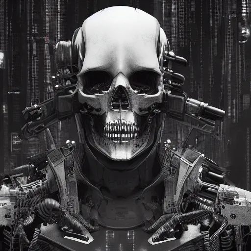 Image similar to black and white cyberpunk style dark metal skull, mecha hard-surface, cyberpunk, hyperrealistic, cinematic, unreal engine, 3D, 8K, imagined by Ash Thorp, tsutomu nihei ghost in the shell akira