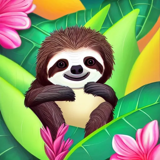Image similar to a cute baby sloth in a happy leafy environment, incredible digital painting in an artistic style, trending on artstation