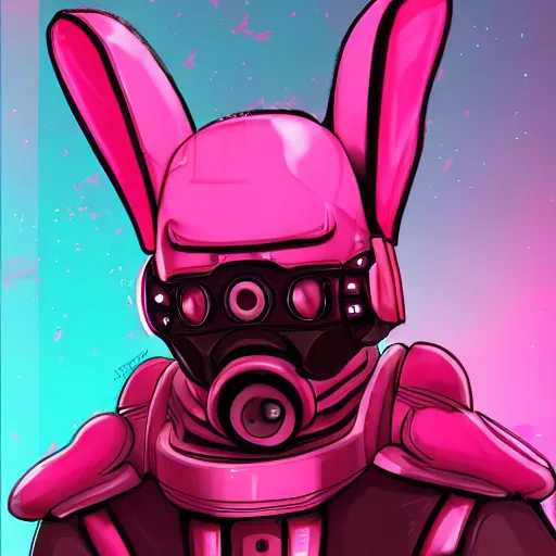 Prompt: cyberpunk pink easter bunny as the leader of a futuristic communist nation, cybernetics, sharp lines, digital, artstation, colored in