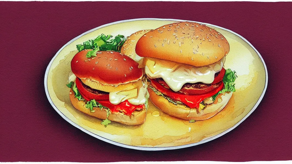 Prompt: plate with one delicious cheeseburguer in the center, kseniia yeromenko, rob duenas, watercolor, illustration, red background, highly detailed