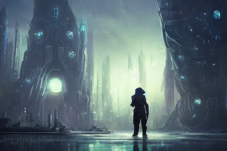 Prompt: a creepy cultist standing in a futuristic city by jessica rossier,