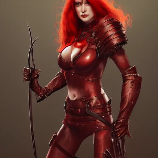 Image similar to a red haired, red eyed woman, dark leather armor, holding a bow, by ingrit lima and june jenssen, artstation, behance