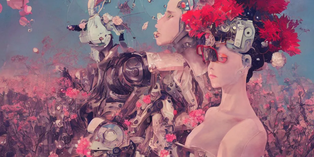 Image similar to surreal gouache painting, by yoshitaka amano, by ruan jia, by conrad roset, by kilian eng, wide angle, by good smile company, detailed anime 3 d render of a mechanical android head with flowers growing out, portrait, cgsociety, artstation, modular patterned mechanical costume and headpiece, retrowave atmosphere