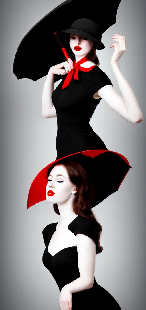 Image similar to a beautiful white pale skin girl, greg background, black dress, vibrent red lipstick, a black hat, black umbrella