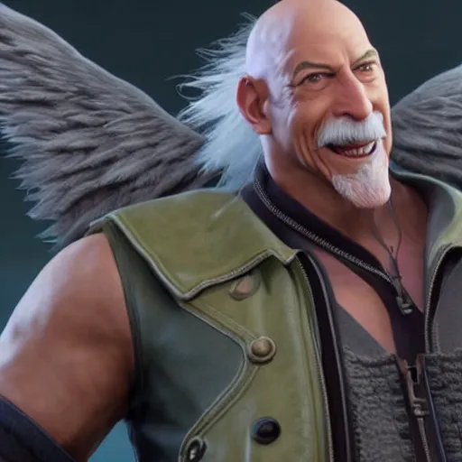 Image similar to the incredible dr. pol in final fantasy vii remake, bald with white mustache, happy expression, character render, full body shot, highly detailed, in game render