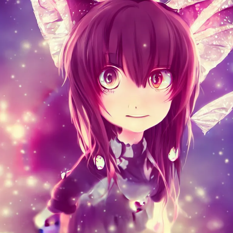 Image similar to cute, full body, female, anime style, a cat girl with fairy wings, large eyes, beautiful lighting, sharp focus, simple background, creative, heart effects, filters applied, illustration