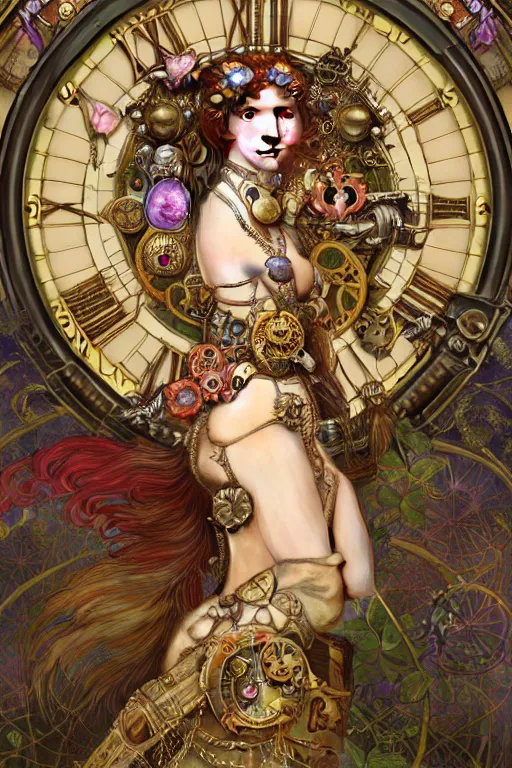 Prompt: beautiful portrait of a steampunk warrior girl wearing a detailed armour of multicolored jewels with gold bugs and beetles , huge mechanical clocks, gold plated vegetation, red mushrooms on the bottom , intricate details, realistic shaded , steampunk, cyberpunk, highly detailed, artstation, illustration by alphonse mucha and Greg Rutkowski, art nouveau