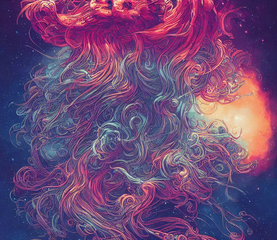 Prompt: gigantic retrowave lion's mane jellyfish flying among the galaxies and nebulae by Laurie Greasley and Peter Mohrbacher and Dan Mumford and Xsullo, tarot card art, hyperdetailed, dramatic lighting, atmospheric lighting, fractal patterns