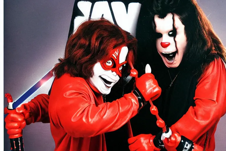 Prompt: ozzy osbourne fighting ronald mcdonald in a lightsaber duel