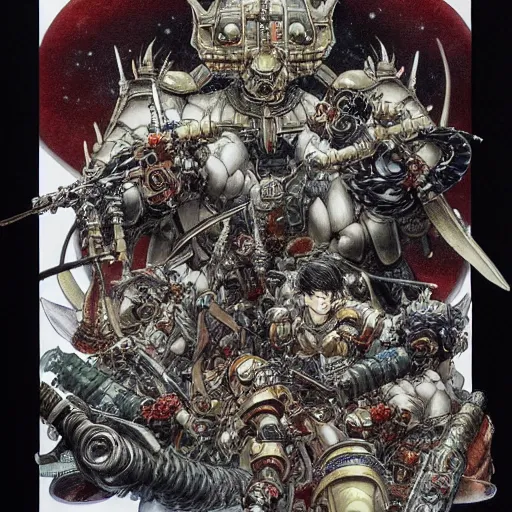 Image similar to prompt: portrait drawn by Katsuhiro Otomo, inspired by Warhammer characters, magical and alchemical objects on the side, soft light, white background, intricate detail, intricate ink painting detail, sharp high detail, manga and anime 2000