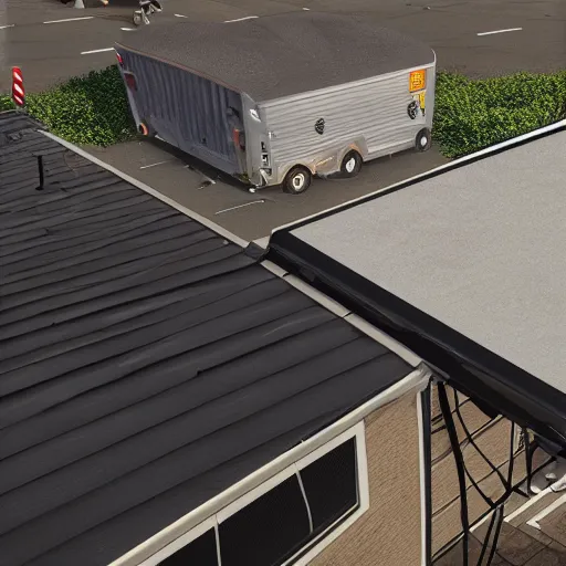 Image similar to a ups truck got stuck on a roof, digital art, unreal engine 5, 4 k
