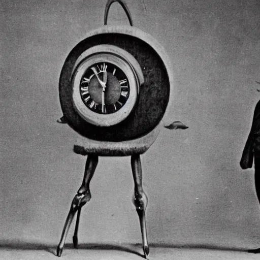 Prompt: An old photo of a creature with a head that looks like an analog clock and a body made of melting wax