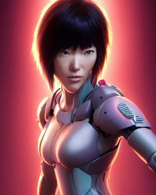 Image similar to weta disney pixar movie still portrait photo of motoko kusanagi ghost in the shell : : as cyborg woman by pixar : : by weta, wlop, ilya kuvshinov, rossdraws, artgerm, marvel, maxim cover, latex, octane render, sweaty, iridescent, bright morning, anime, liosh, mucha : :