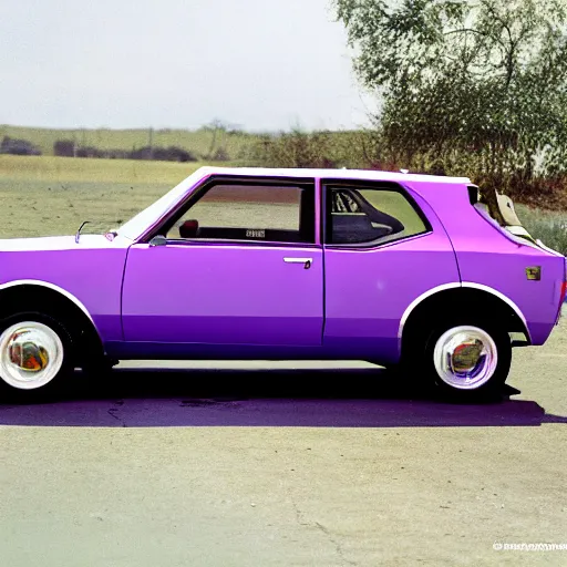 Prompt: A photograph of an AMC Gremlin with gull-wing doors, and purple upholstery.