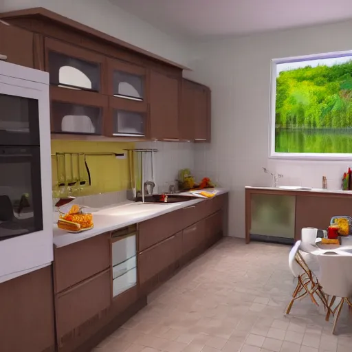 Prompt: A kitchen from an ant's perspective, photorealistic