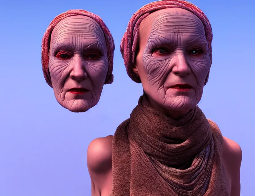 Prompt: cinematic bust portrait of psychedelic beautiful granny, a scarf tied on the head, robot! cyborg!! by jean giraud, trending artstaition, unreal engine