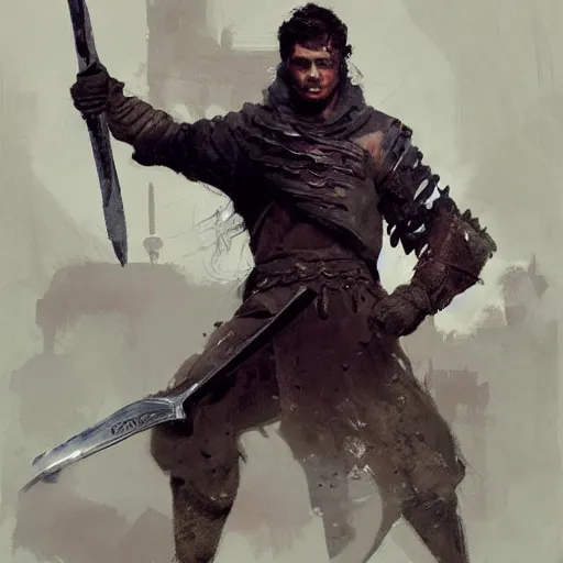 Prompt: an androgynous medieval fighter, brawny and athletic, crossfit build, battered after a fight but congenial, fantasy character portrait by craig mullins, greg rutkowski, gaston bussiere