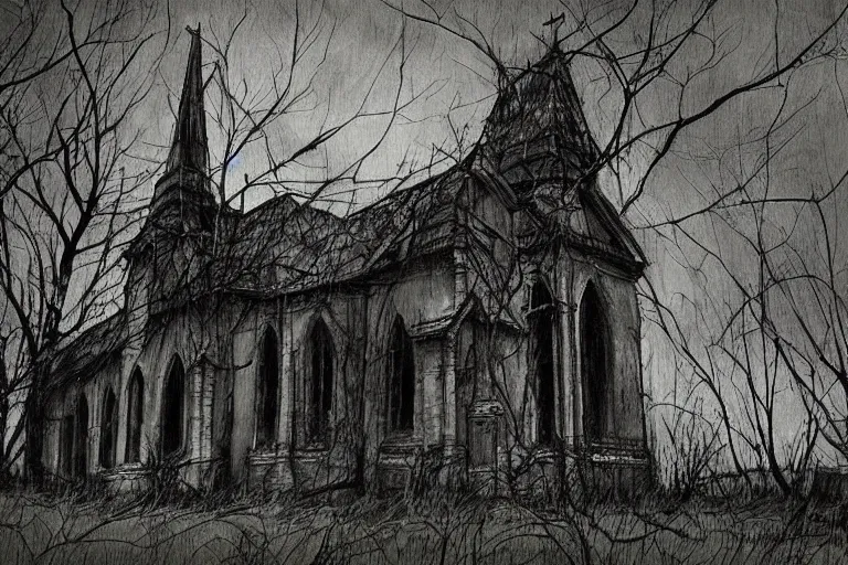 Image similar to mad horror painting of a old church in the woods by ben templesmith