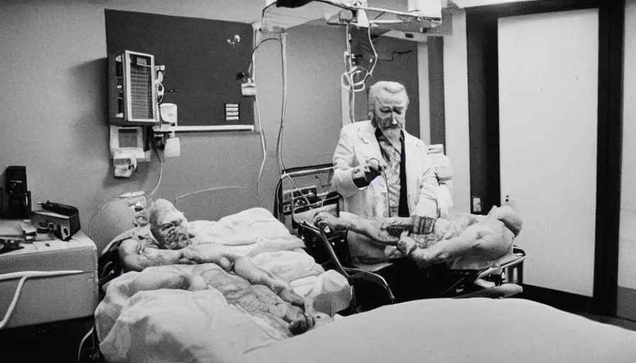 Image similar to 7 0 s movie still of a old man with a meat chest in the hospital, cinestill 8 0 0 t 3 5 mm eastmancolor, heavy grain, high quality, high detail