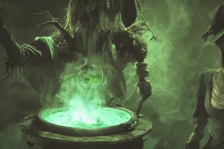 Image similar to close shot of a witch in her lair brewing a magical potion, depressing, gloomy, tired, detailed, witch hat, dungeon, green smoke, fire, smoke, realism, realistic, hyper detailed, green lighting, ambient lighting, green smoke, fog, smoke, cinematic lighting, haze, bokeh, 3D render, Blender, octane render, render, artstation, detailed face, symmetric face,