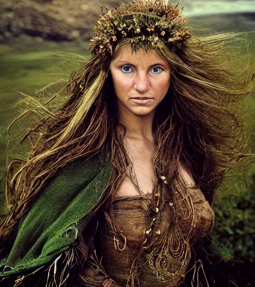 Image similar to portrait_photo_of_a_stunningly beautiful celtic maiden, hyper detailed by Annie Leibovitz, Steve McCurry, David Lazar, Jimmy Nelsson, professional photography