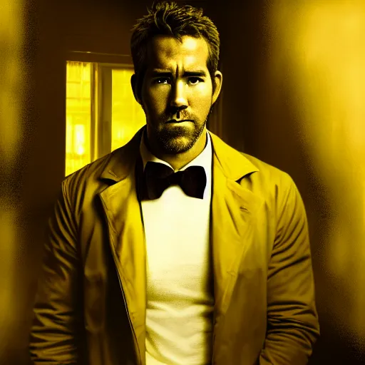 Prompt: a portrait of a Ryan Reynold as a John constantine, DC, yellow aura, magic, fantasy, HDR, natural light, shoulder level shot, dynamic pose, demons, award winning photograph, Mucha style 4k,