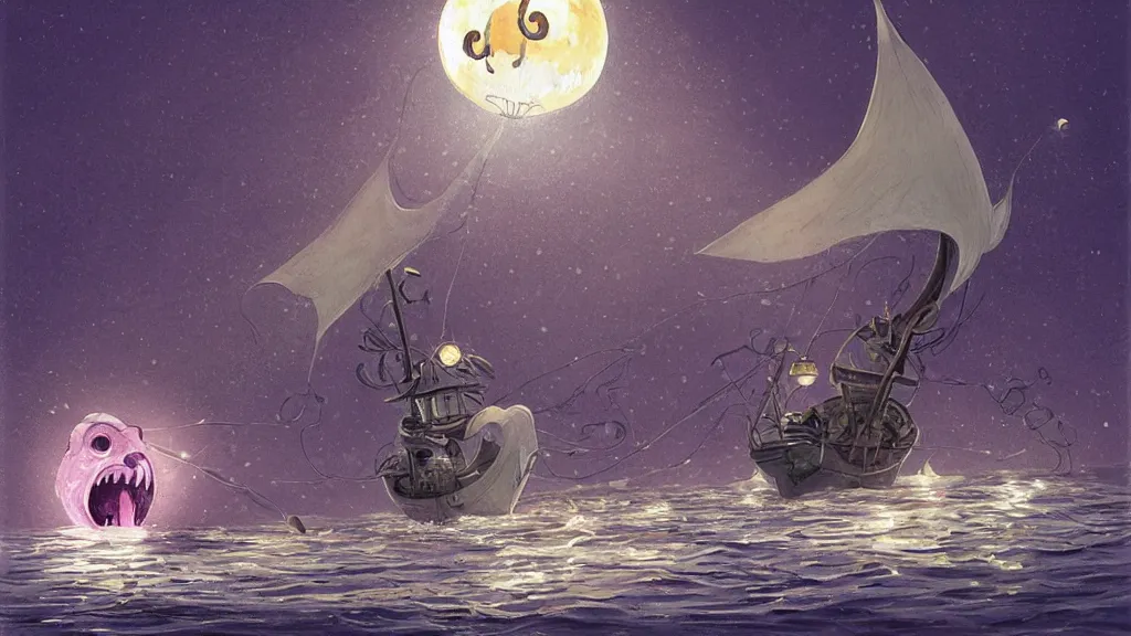 Image similar to a giant!!!! anglerfish!!!! at the surface of the water meets a lantern - holding!!!! sailor!!!! on a ( sloop ), ( background with large full moon and purple sky ), in the styles of tom coletti, jorge jacinto, and thomas veyrat intricate, accurate details