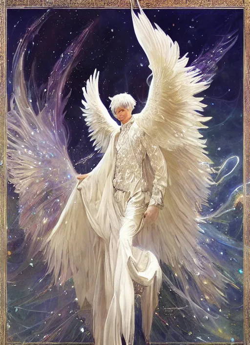 Image similar to harmony of white haired angel yoongi wearing greek clothes, muted colors, sparkles everywhere, big wings, dynamic hair movement, dynamic pose, holographic space, glowing effect, j. c leyendecker, by alan lee, wlop! illustrated by starember, fantasy art by craig mullins