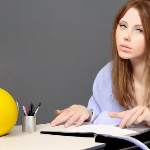 Prompt: an attractive wizard female sitting at a desk pondering her orb