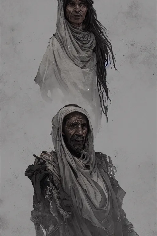 Image similar to a full body portrait of a beautiful post apocalyptic offworld desert bedouin blind beggar by the road, intricate, elegant, highly detailed, digital painting, artstation, concept art, smooth, sharp focus, illustration, art by krenz cushart and artem demura and alphonse mucha