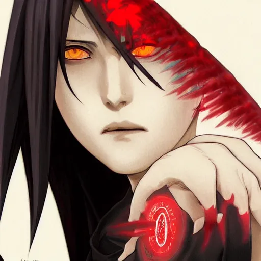 Image similar to itachi uchiha, red glowing eyes, intricate, elegant, highly detailed, digital painting, artstation, concept art, smooth, sharp focus, illustration, art by artgerm and greg rutkowski and alphonse mucha