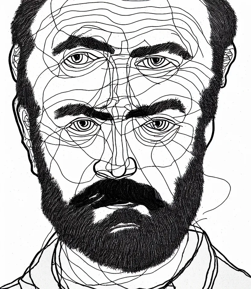 Image similar to detailed line art portrait of ernest hemingway, inspired by egon schiele. caricatural, minimalist, bold contour lines, musicality, soft twirls curls and curves, confident personality, raw emotion