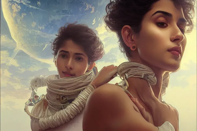 Image similar to Sensual good looking pale young Indian doctors wearing jeans floating in a space station above Earth performing surgery, portrait, elegant, intricate, digital painting, artstation, concept art, smooth, sharp focus, illustration, art by artgerm and greg rutkowski and alphonse mucha